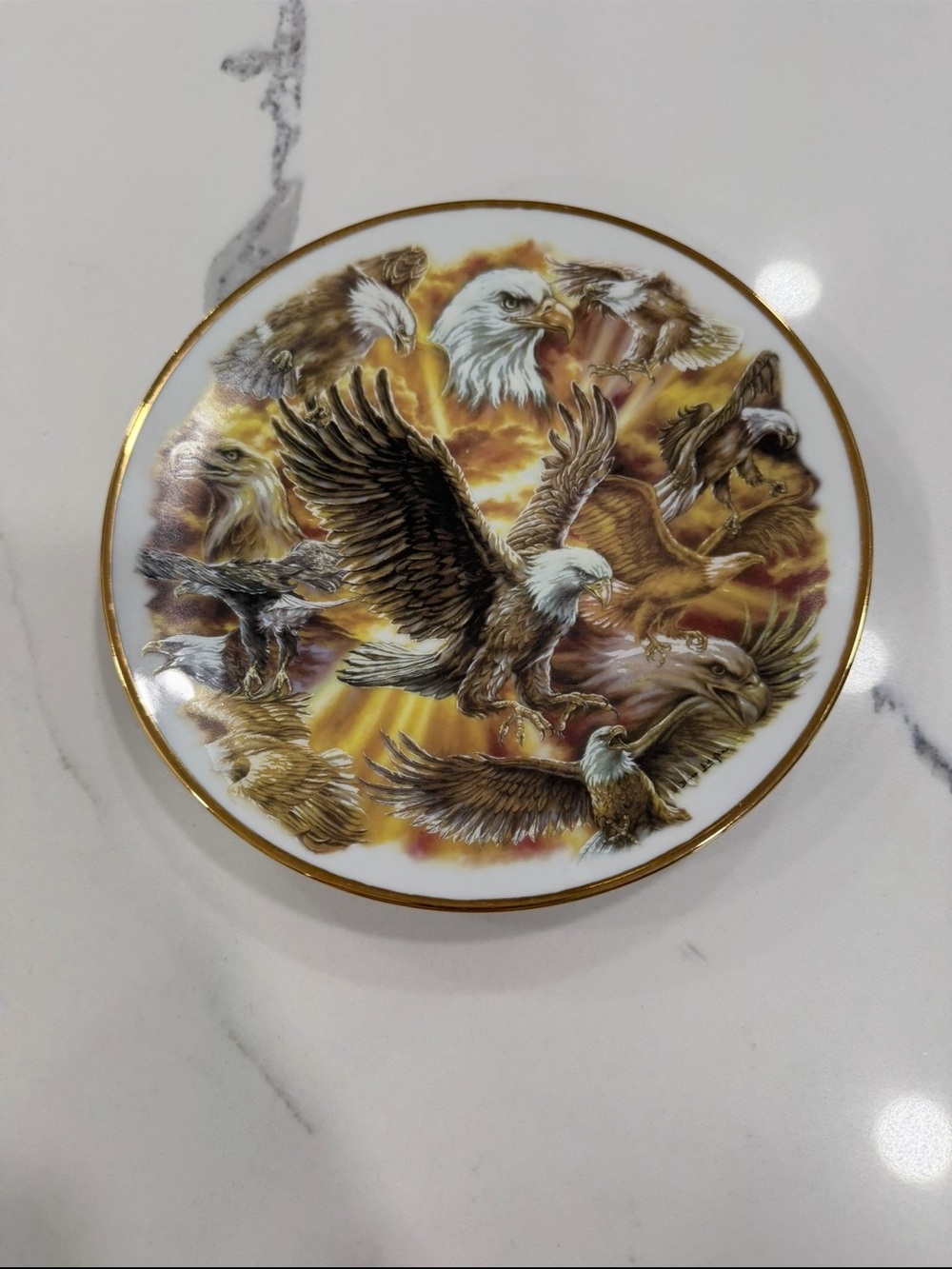 Eagles porcelain collector plate features a gold trim multiple eagles in flight